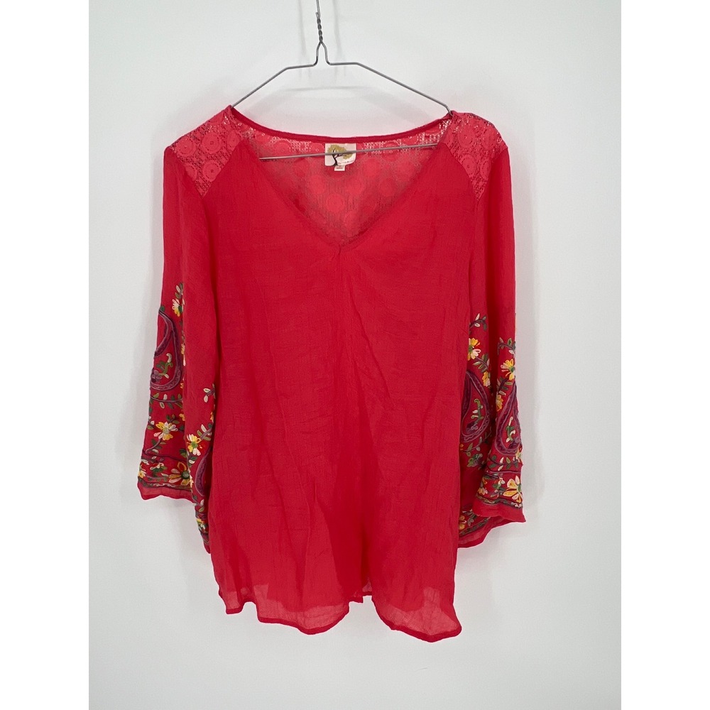 Fig and Flower Womens Blouse Embroidered Lace Yoke Red Large